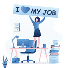 I love my work, positive attitude for career success, gratitude or inspiration. Happy businesswoman standing on office desk with motivational placard - I love my job.