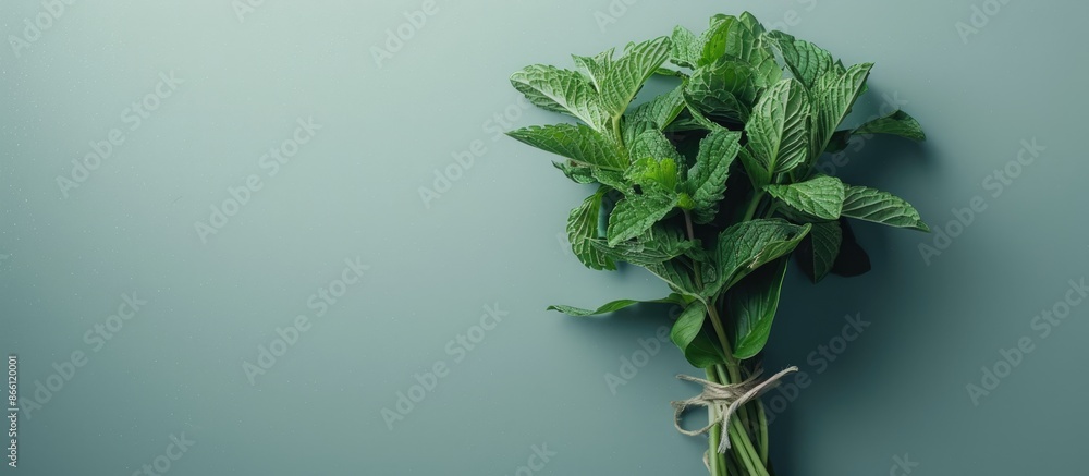 Poster a cluster of fresh mint elegantly bound with string set against a gray backdrop features copy space 