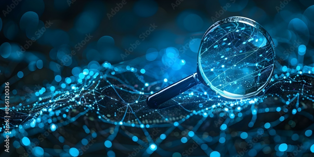 Poster analyzing data with a modern magnifying glass on blue background. concept data analysis, modern tech