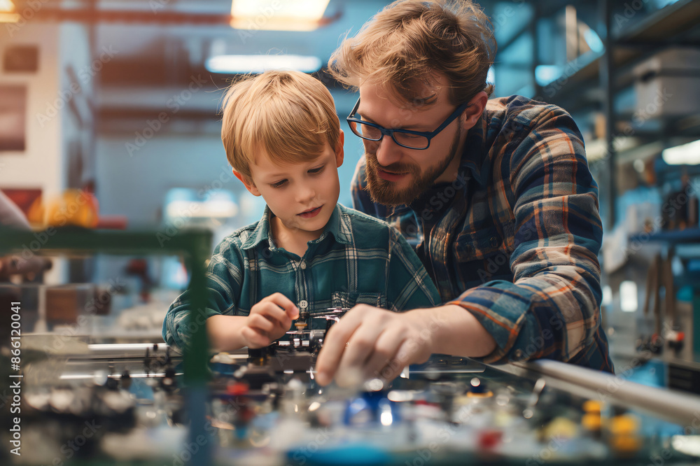 Poster father and his son are concentrating on building a complex robot together in a modern robotics labor