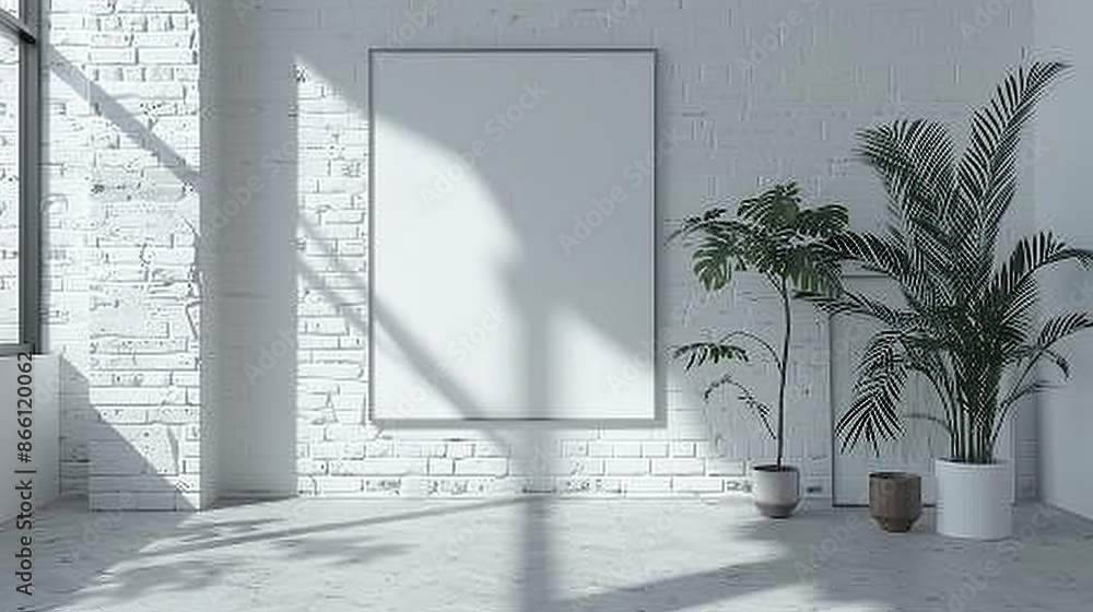 Aufkleber white room with empty photo frames on the wall. the room is empty and has a minimalist feel with lig
