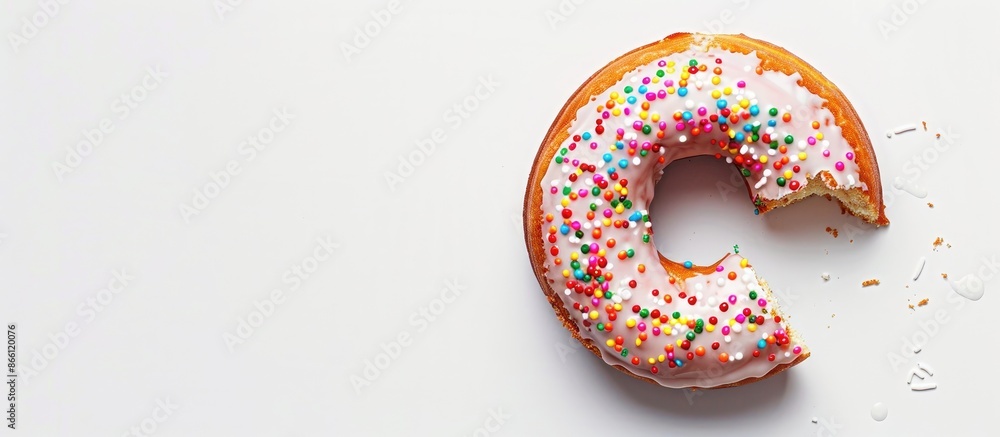 Poster a large bite missing from a donut with glaze and sprinkles, set against a white background in a copy