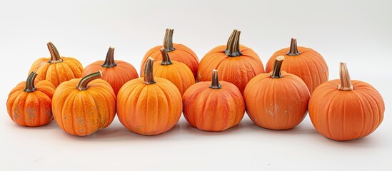 A pile of numerous orange pumpkins on a white backdrop, suitable for a Halloween greeting card design with copy space image.