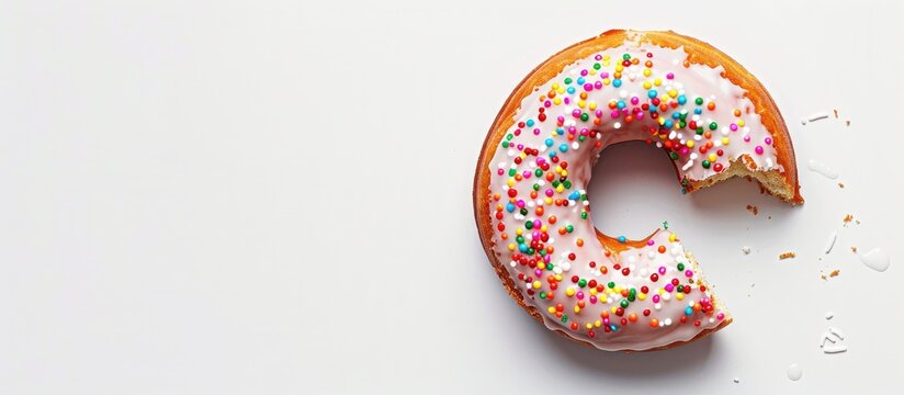 A large bite missing from a donut with glaze and sprinkles, set against a white background in a copy space image.