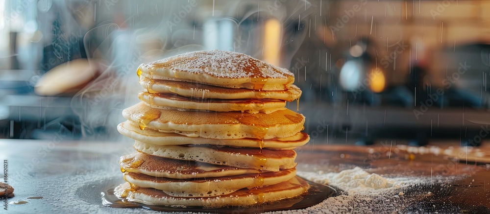 Poster a stack of large pancakes on the table being cooked, with a copy space image.