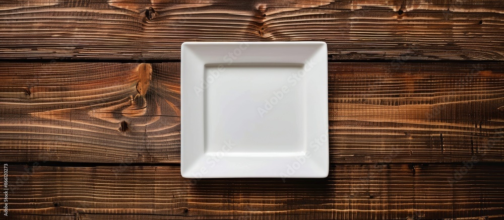 Poster a perspective shot of an empty square plate on a wooden backdrop with room for your design in the co