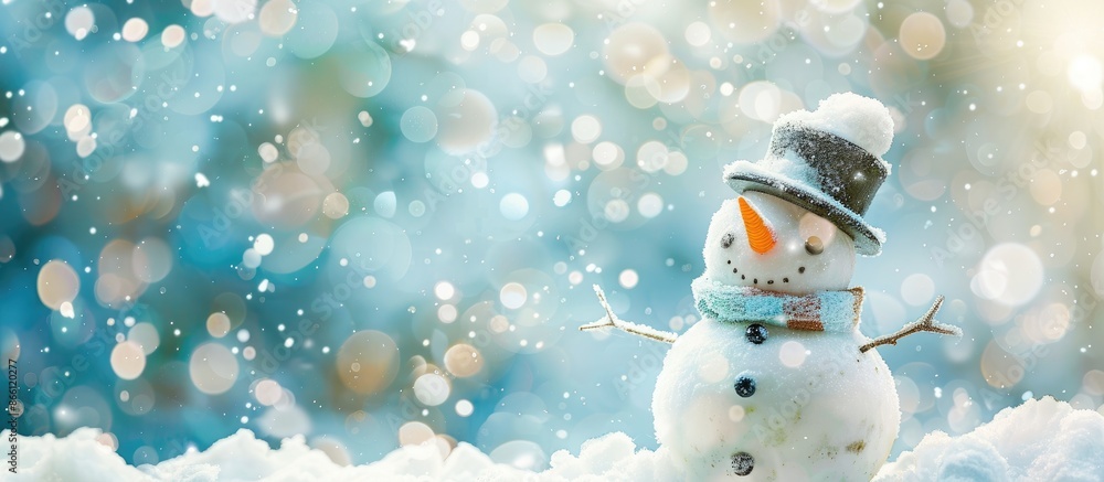 Poster a cute snowman with a carrot nose and a top hat, set against a snowy background in a winter scene wi