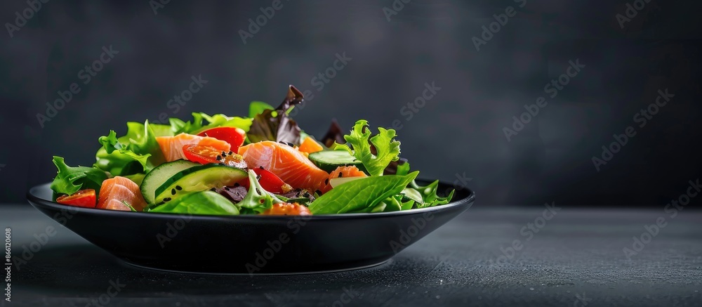 Poster a nutritious dish featuring a vegetable and salmon salad against a dark backdrop with a focused pers