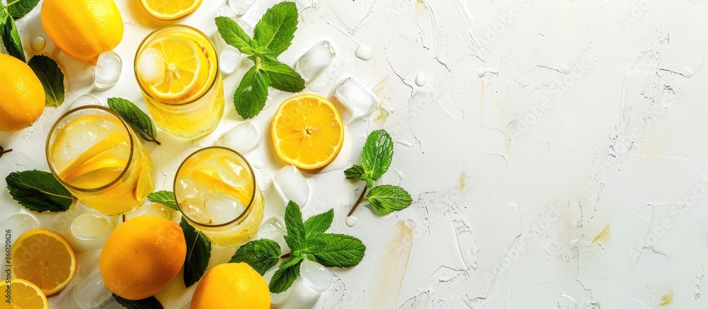 Poster a refreshing homemade lemonade presentation with lemons and mint, set against a white backdrop with 