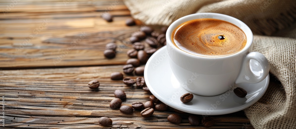 Poster a cup of coffee placed on a table with a blank area where an image can be inserted. image with copy 