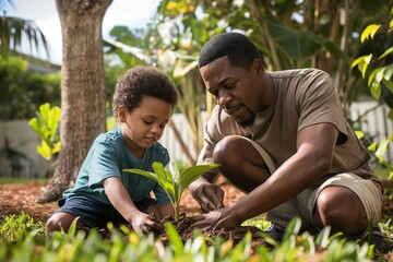 Father and his son are crouching down, planting a small tree together in their garden