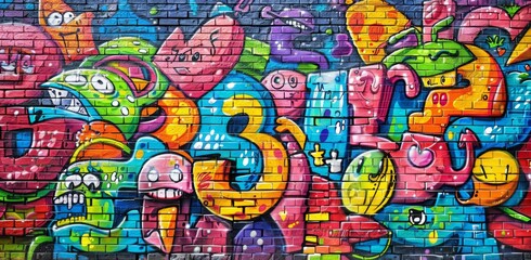 Graffiti wall. Urban funky painting. Colorful paint tag. Abstract cool pattern, cartoon texture. Spraypaint background