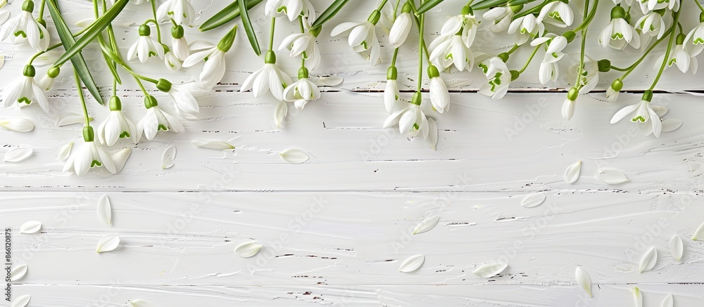 Poster a top-down view of fresh snowdrop flowers displayed on a white wooden surface, providing copy space 