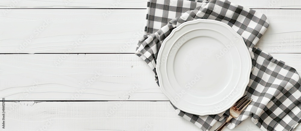 Poster a white plate sits on a checkered napkin on a clean white wooden table, showcasing a top-down view w
