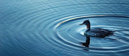 A horned grebe gracefully glides across a tranquil lake, leaving a ripple behind, perfect for a serene copy space image.