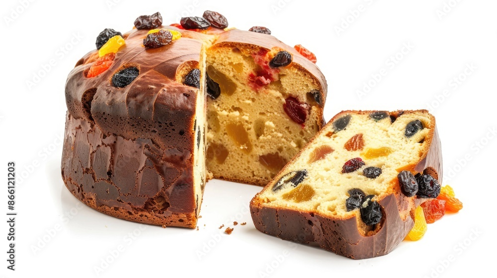 Sticker Italian Christmas Panettone cake with dried fruits on white background Festive season