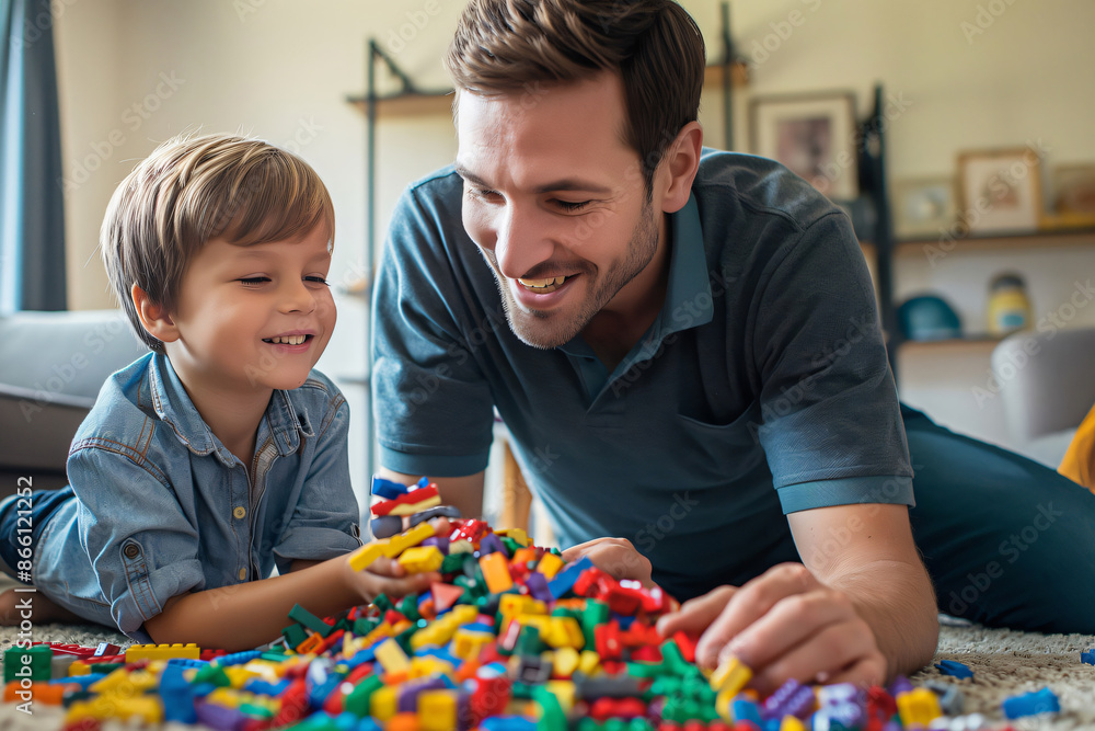 Poster father and his son are lying on a carpet, smiling and playing with a large pile of colorful building