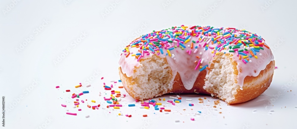 Poster a large bite missing from a donut with glaze and sprinkles, set against a white background in a copy