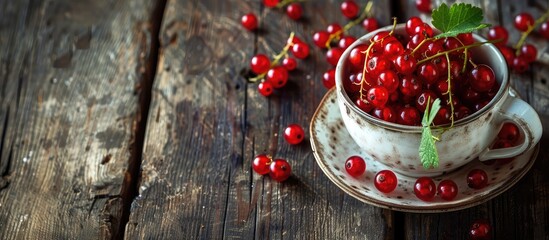 A Cup with fresh red currants on a dark rustic wooden table, providing a background with ample copy space.