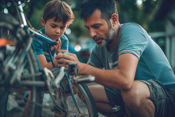 Father teaching son to repair bike outdoors on sunny day, bonding and creating lasting memories