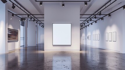 Large empty room with white walls and blank picture frames on the walls