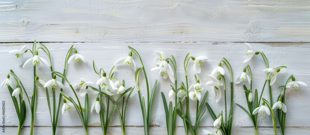 Poster a top-down view of fresh snowdrop flowers displayed on a white wooden surface, providing copy space 