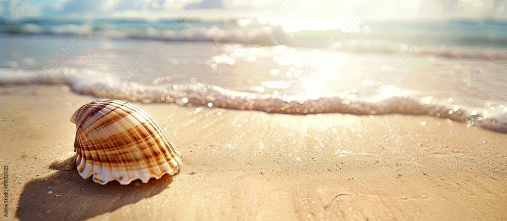 Poster a shell on a sandy beach provides a serene background for a summer holiday with a clear, wide space 