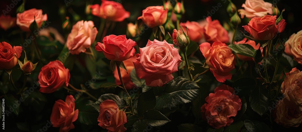 Poster a display of roses with room for text in the image. image with copy space