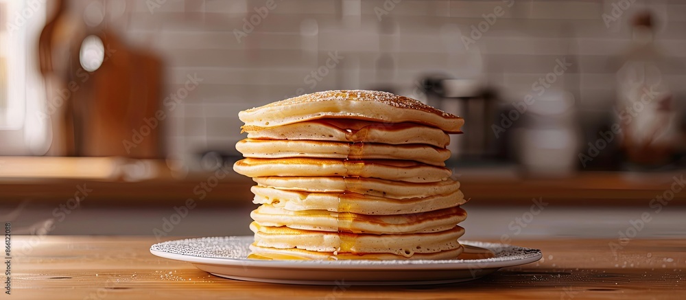Poster a stack of large pancakes on the table being cooked, with a copy space image.
