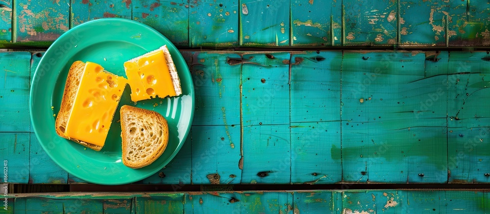 Poster a plate and a sandwich featuring processed cheese are displayed on a green wooden surface with ample