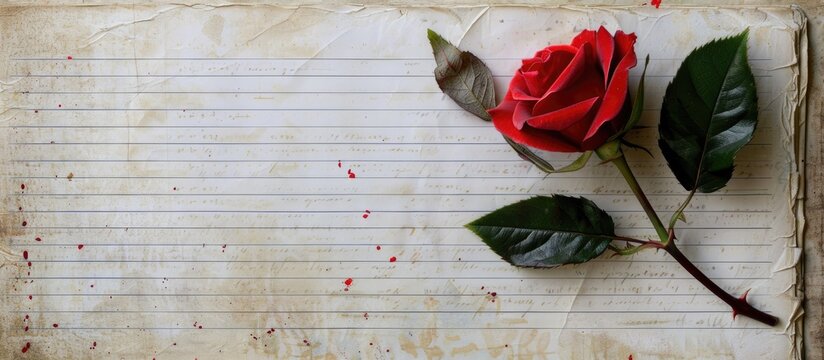 A notebook page featuring a red rose, leaves, and a heart symbol, capturing the essence of Valentine's Day, with space available for text or graphics. image with copy space - Powered by Adobe