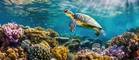 Fototapeta premium A green sea turtle (Chelonia mydas) perched atop hard corals in a shallow coral reef, creating an ideal copy space image.