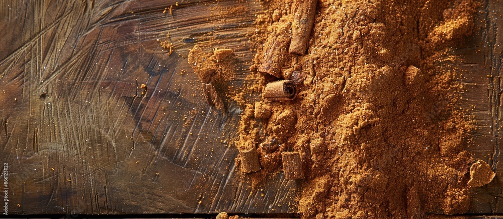 Poster a close-up image of fragrant ground cinnamon powder on a textured wooden surface with space for text