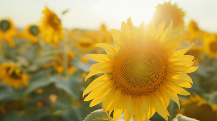 Fototapeta premium Sunflower In Field Bathed In Sunlight With Bright Yellow Petals And Green Leaves