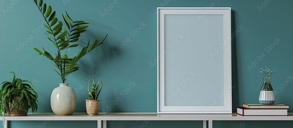 Poster a white frame mockup displayed on a bookshelf with a houseplant, set against a blue background, perf