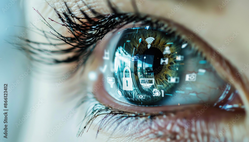 Poster in a closeup shot, a womans eye is visible showing a reflection of a computer chip