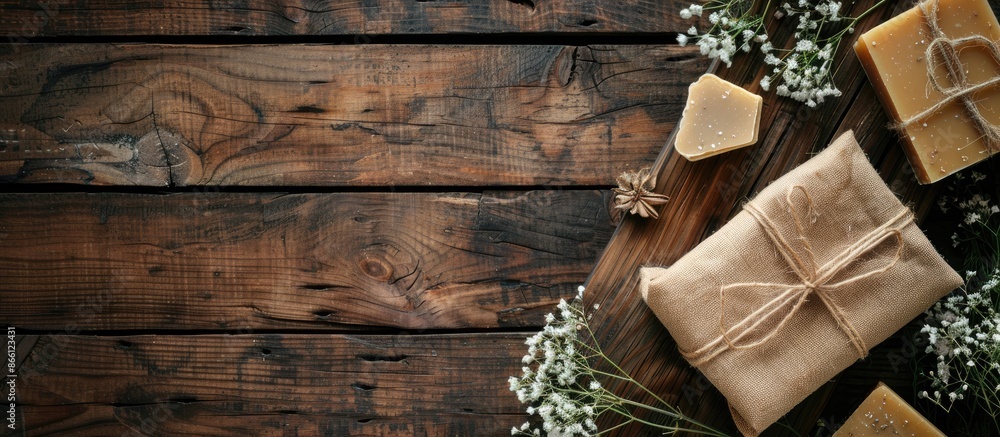 Poster a flat lay arrangement featuring artisanal soap on a wooden backdrop with room for a message in a co