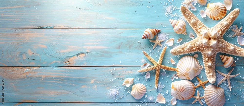 Poster a summer beach scene featuring a blue wooden background with starfish and seashells, ideal for addin