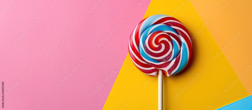 Poster a spiral lollipop rests on a colorful background, serving as a joyful decoration in the image with a