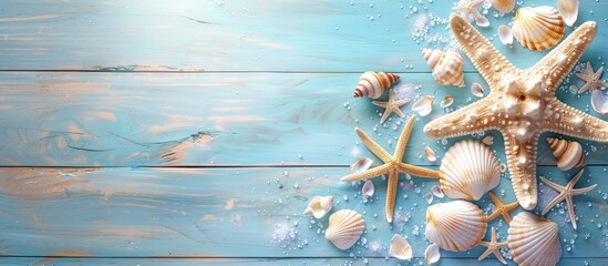 A summer beach scene featuring a blue wooden background with starfish and seashells, ideal for adding text or images in the open area. image with copy space