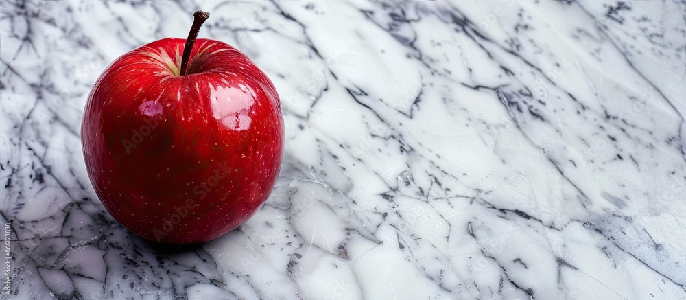 Poster a red apple is placed on a shiny marble surface, perfect for a background with ample copy space imag