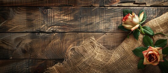 A rustic wooden table with a jute and burlap texture featuring a rose flower decor providing a charming scene with a copy space image.