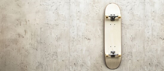 A skateboard placed on a backdrop with a white color featuring an area of copy space image.
