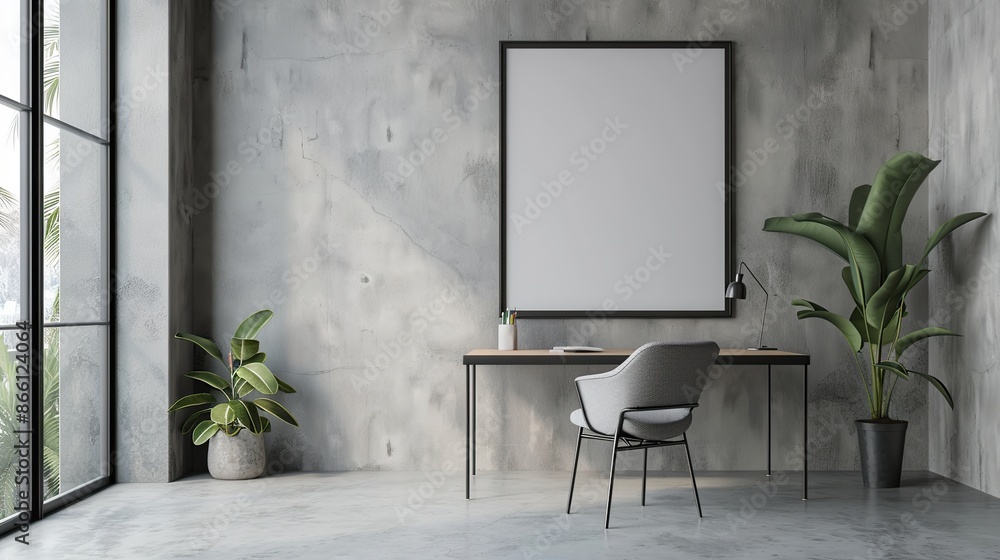 Aufkleber modern and minimalist workspace with empty photo frame table and chairs on the wall