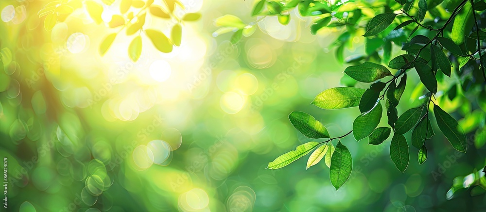 Poster a scenic view of lush green foliage against a blurred green background with sunlight casting a soft 