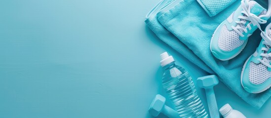 A blue background displaying sneakers, water bottle, towel, and dumbbells, promoting a healthy lifestyle with a flat lay layout and copy space image, ideal for a banner.