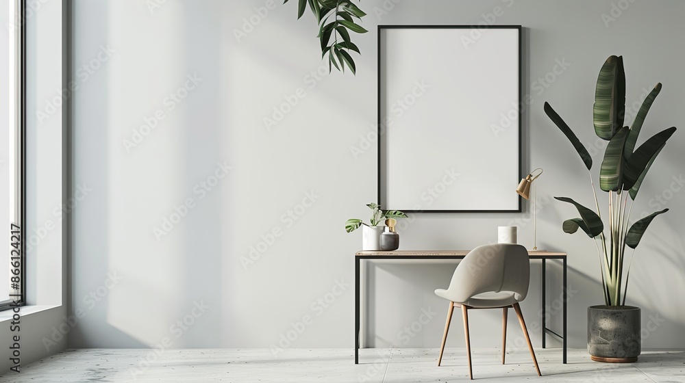 Aufkleber modern and minimalist workspace with empty photo frame table and chairs on the wall