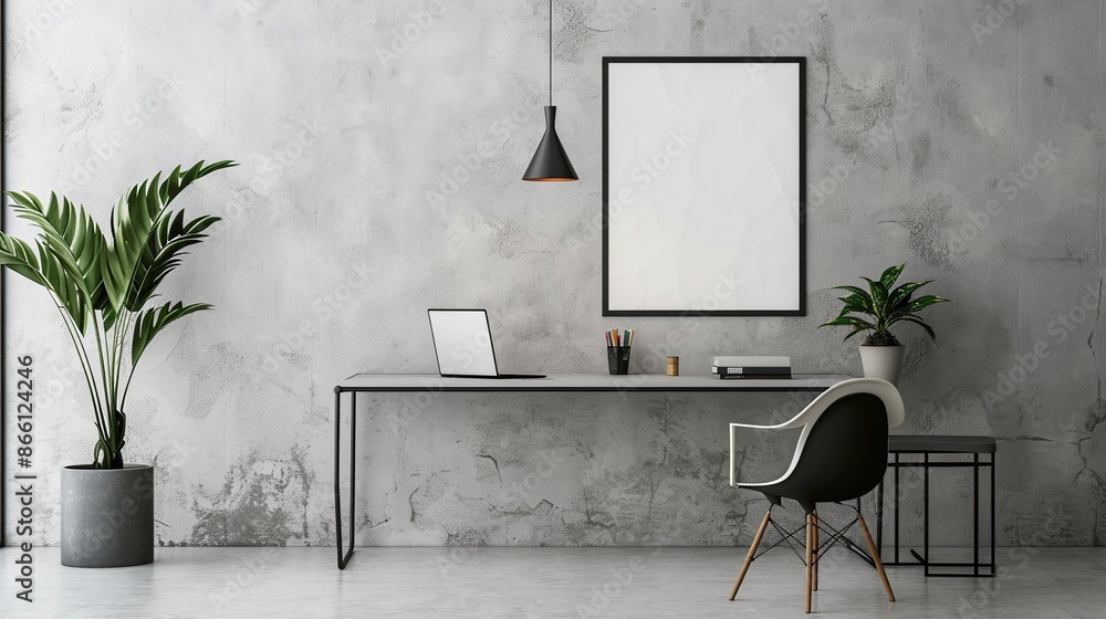 Aufkleber modern and minimalist workspace with empty photo frame table and chairs on the wall