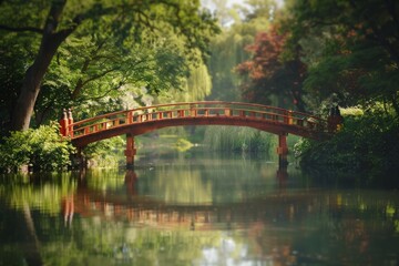 Fototapeta premium A charming bridge spanning a reflective pond, with a softly blurred background of a tranquil park