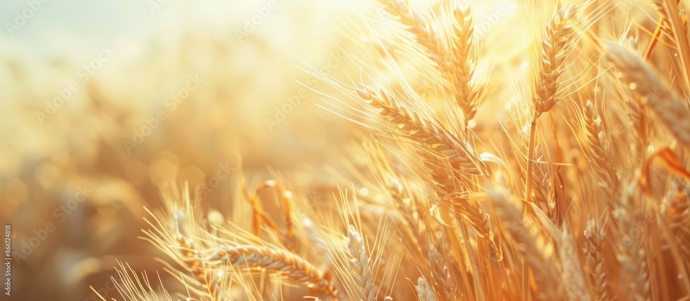 Poster close-up view of a rye field on a hot summer day with a natural background perfect for adding text. 
